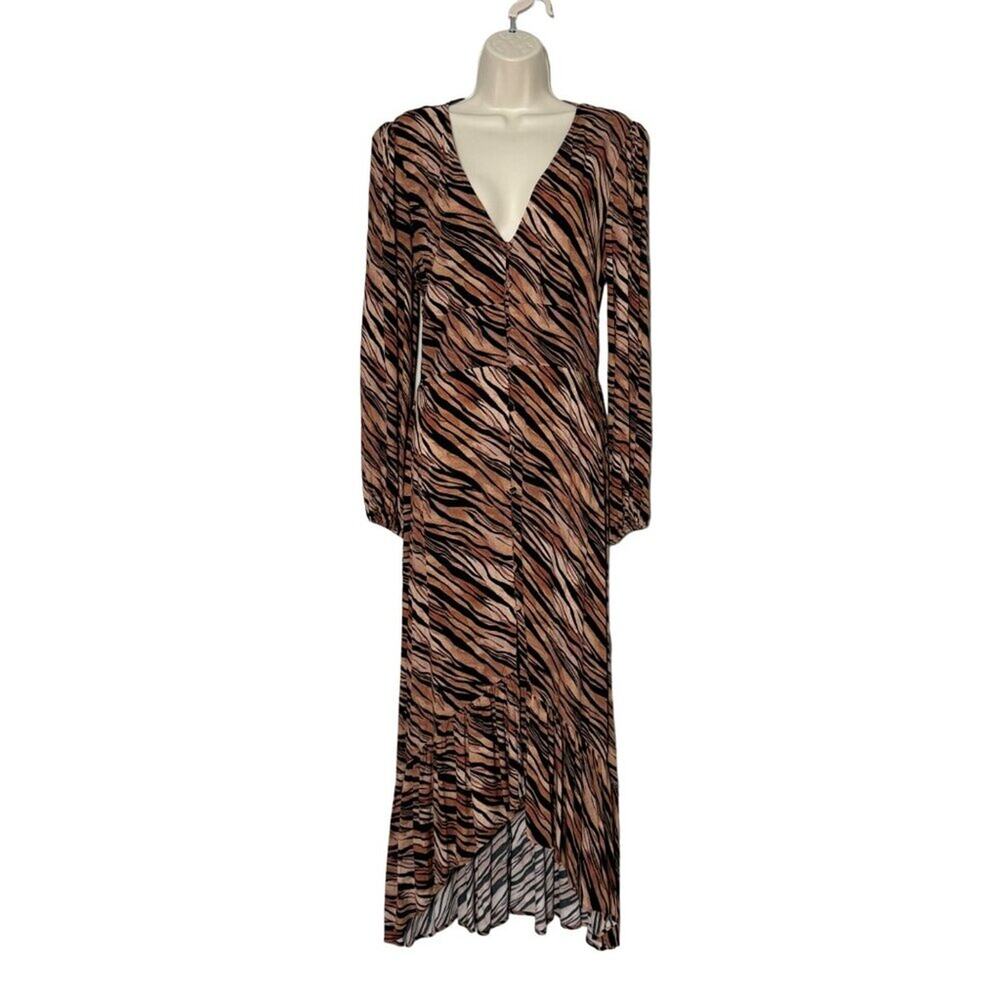 Leith Button-Front Tiger Print Long Sleeve Maxi Dress Size S
